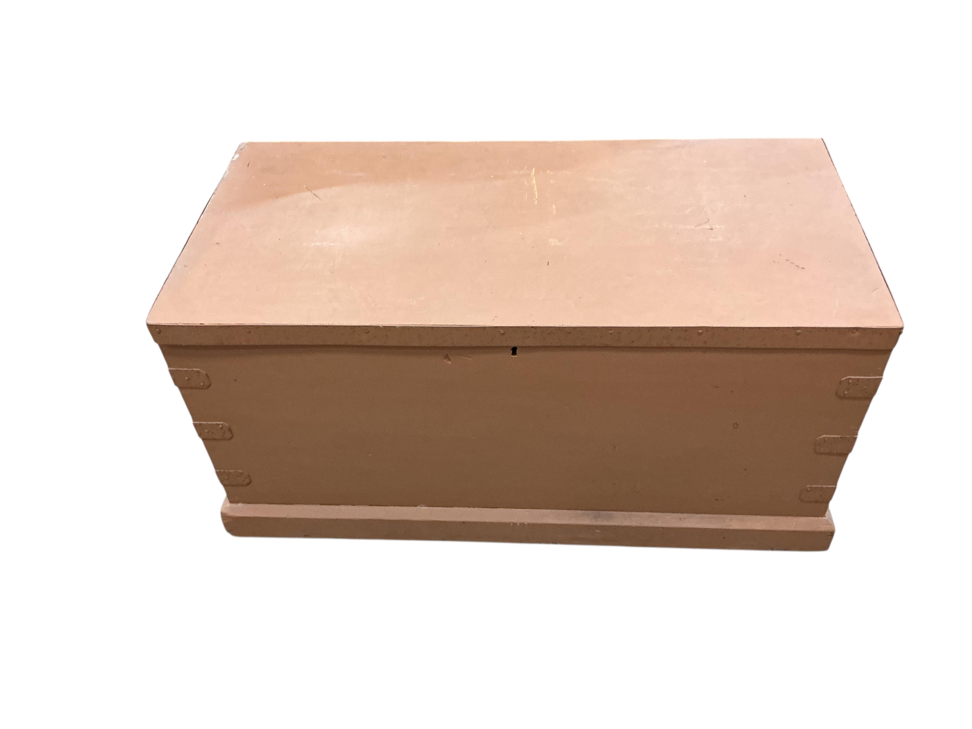 A Victorian iron bound pine trunk, later painted, width 117cm, depth 56cm, height 58cm